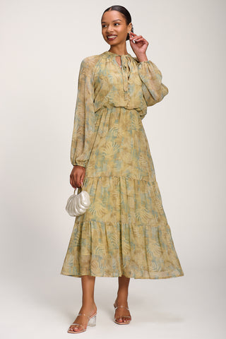 Chiffon Tie Neckline Midaxi Dress, Green Abstract