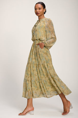 Chiffon Tie Neckline Midaxi Dress, Green Abstract