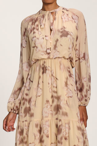 Chiffon Tie Neckline Midaxi Dress, Yellow Abstract
