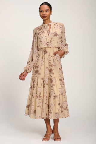 Chiffon Tie Neckline Midaxi Dress, Yellow Abstract
