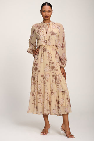 Chiffon Tie Neckline Midaxi Dress, Yellow Abstract