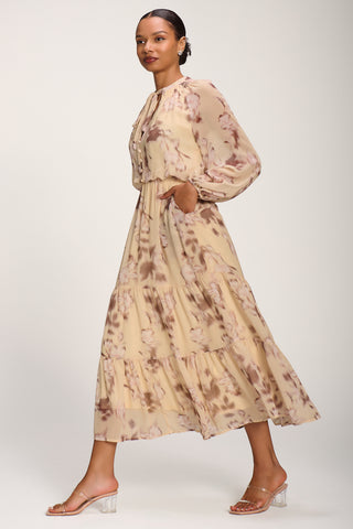 Chiffon Tie Neckline Midaxi Dress, Yellow Abstract