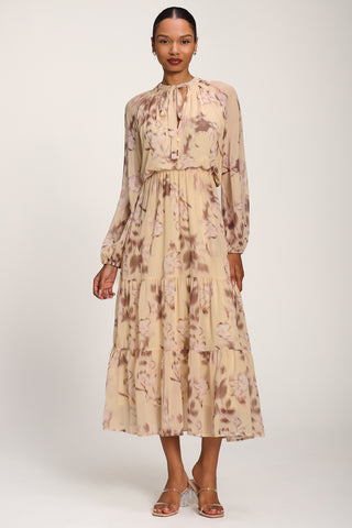 Chiffon Tie Neckline Midaxi Dress, Yellow Abstract