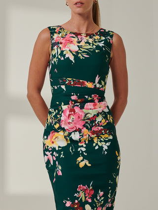 Floral Print Ruched Shift Dress, Dark Green