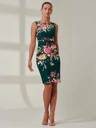 Floral Print Ruched Shift Dress, Dark Green