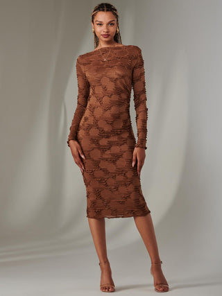 Long Sleeve Textured Midi Dress, Dark Brown Jolie Moi Retail Long Sleeve Textured Midi Dress, Dark Brown Jolie Moi Retail