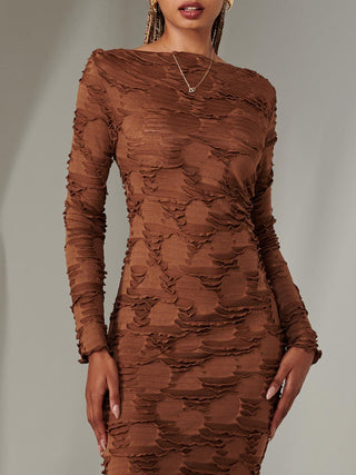 Long Sleeve Textured Midi Dress, Dark Brown