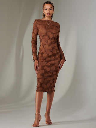 Long Sleeve Textured Midi Dress, Dark Brown