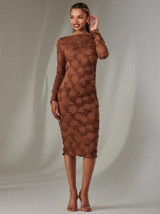 Long Sleeve Textured Midi Dress, Dark Brown Jolie Moi Retail Long Sleeve Textured Midi Dress, Dark Brown Jolie Moi Retail