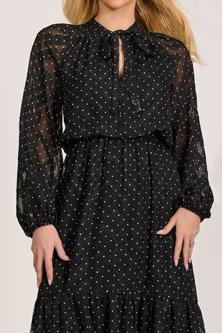 Textured Chiffon Long Sleeve Maxi Dress, Black Spot