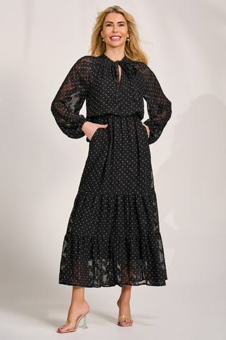 Textured Chiffon Long Sleeve Maxi Dress, Black Spot