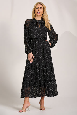 Textured Chiffon Long Sleeve Maxi Dress, Black Spot