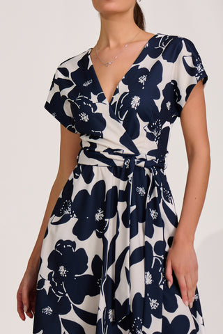 V Neck Print Scuba Midi Dress, Cream Floral