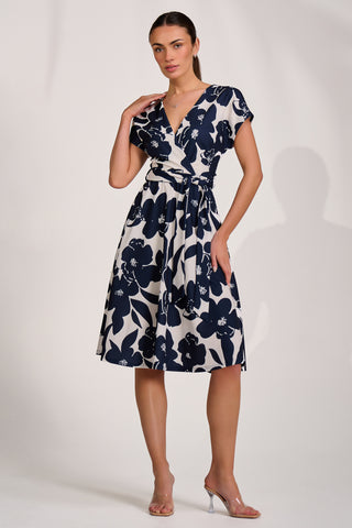 V Neck Print Scuba Midi Dress, Cream Floral