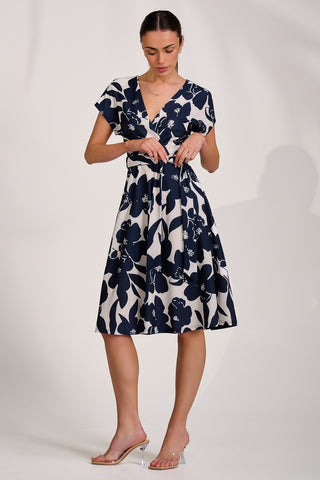 V Neck Print Scuba Midi Dress, Cream Floral