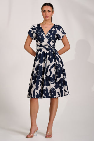 V Neck Print Scuba Midi Dress, Cream Floral