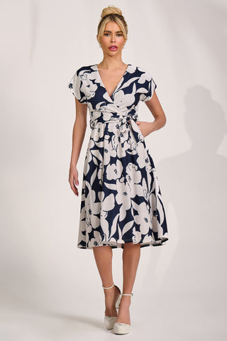 V Neck Print Scuba Midi Dress, Navy Floral
