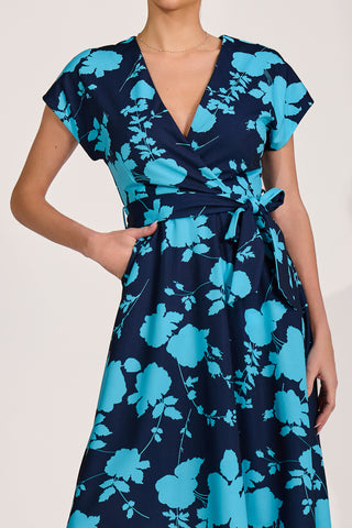 V Neck Print Scuba Midi Dress, Blue Floral