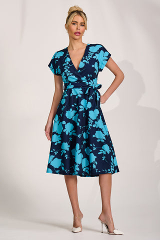 V Neck Print Scuba Midi Dress, Blue Floral