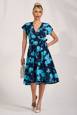 V Neck Print Scuba Midi Dress, Blue Floral