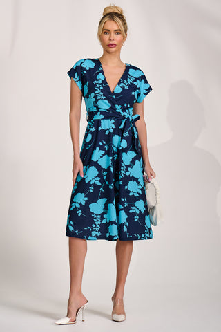 V Neck Print Scuba Midi Dress, Blue Floral