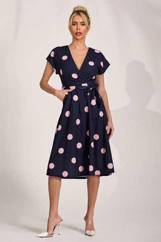 V Neck Print Scuba Midi Dress, Navy Spot
