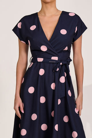 V Neck Print Scuba Midi Dress, Navy Spot