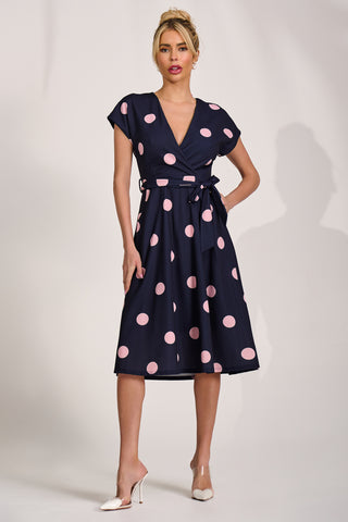 V Neck Print Scuba Midi Dress, Navy Spot