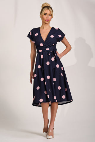 V Neck Print Scuba Midi Dress, Navy Spot