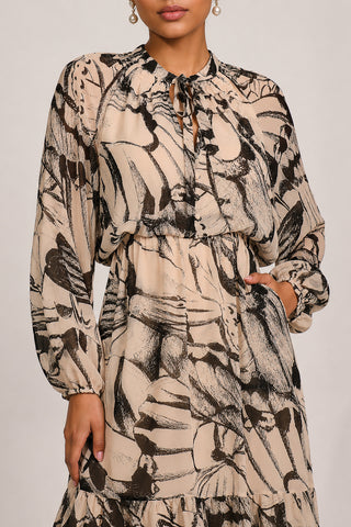 Chiffon Long Sleeve Tiered Maxi Dress, Beige Pattern
