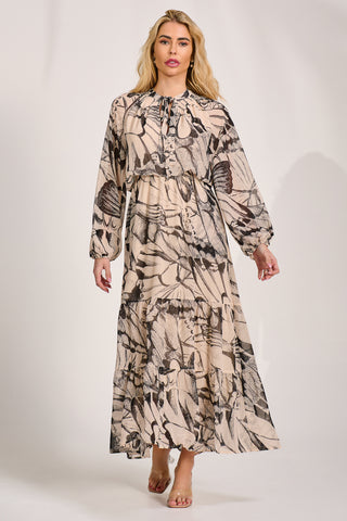 Chiffon Long Sleeve Tiered Maxi Dress, Beige Pattern