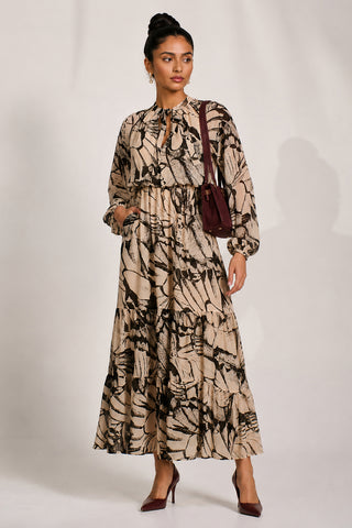 Chiffon Long Sleeve Tiered Maxi Dress, Beige Pattern