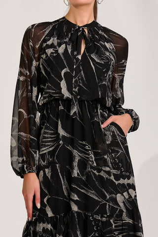 Chiffon Long Sleeve Tiered Maxi Dress, Black Pattern