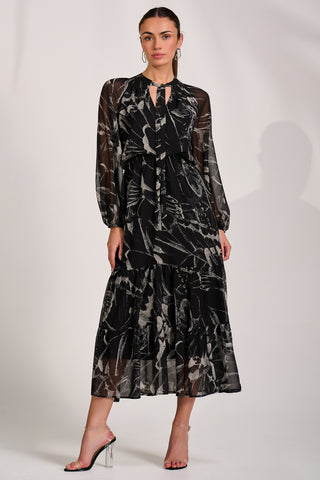 Chiffon Long Sleeve Tiered Maxi Dress, Black Pattern