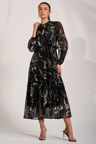 Chiffon Long Sleeve Tiered Maxi Dress, Black Pattern