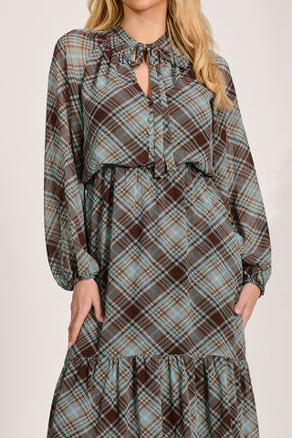Chiffon Long Sleeve Tiered Maxi Dress, Brown Check