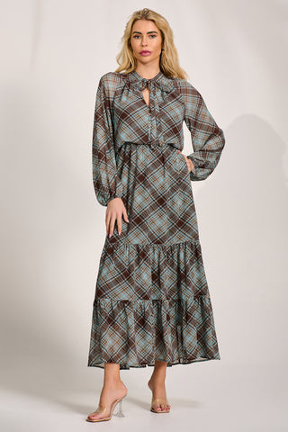 Chiffon Long Sleeve Tiered Maxi Dress, Brown Check