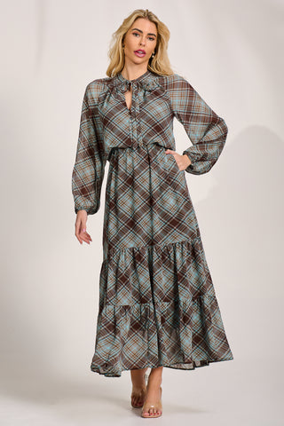 Chiffon Long Sleeve Tiered Maxi Dress, Brown Check
