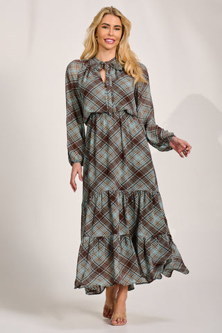 Chiffon Long Sleeve Tiered Maxi Dress, Brown Check