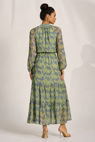 Chiffon Long Sleeve Tiered Maxi Dress, Green Multi