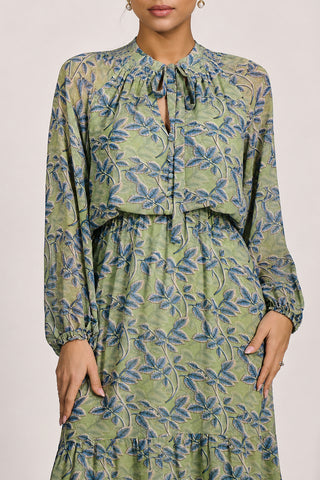 Chiffon Long Sleeve Tiered Maxi Dress, Green Multi
