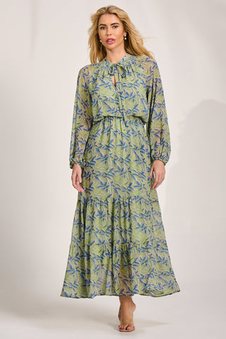 Chiffon Long Sleeve Tiered Maxi Dress, Green Multi