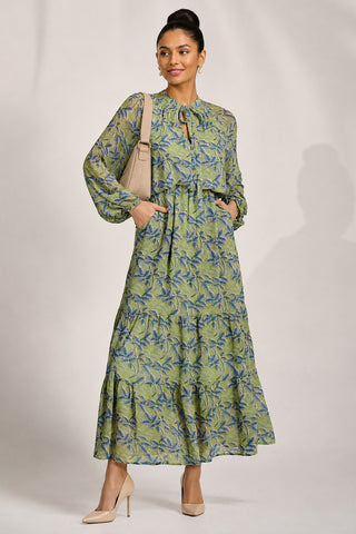 Chiffon Long Sleeve Tiered Maxi Dress, Green Multi