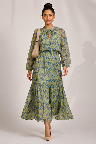 Chiffon Long Sleeve Tiered Maxi Dress, Green Multi