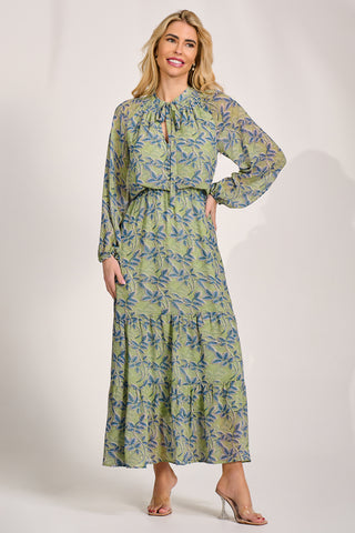 Chiffon Long Sleeve Tiered Maxi Dress, Green Multi
