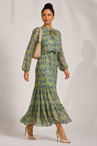 Chiffon Long Sleeve Tiered Maxi Dress, Green Multi