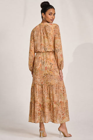 Chiffon Long Sleeve Tiered Maxi Dress, Orange Multi