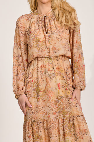 Chiffon Long Sleeve Tiered Maxi Dress, Orange Multi