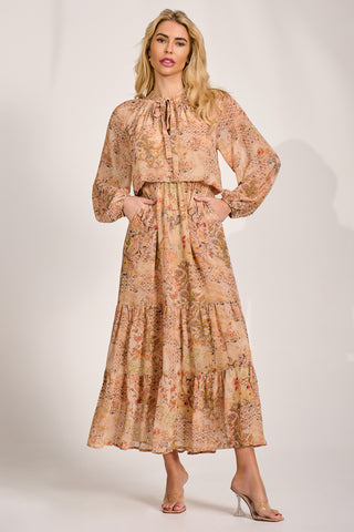 Chiffon Long Sleeve Tiered Maxi Dress, Orange Multi