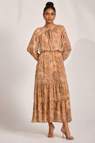 Chiffon Long Sleeve Tiered Maxi Dress, Orange Multi